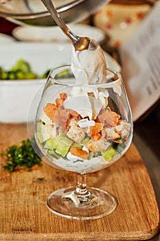 Salmon, Cucumbers, and Herbs with a Creamy Twist in Glass, Garden Fresh Bliss