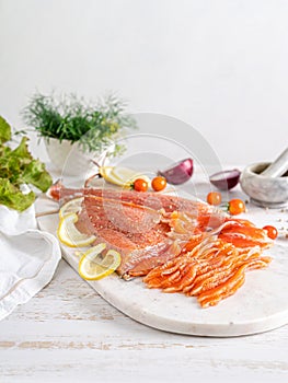 Salmon. Cured salmon on white backdrop. Smoked salmon.