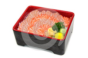 Salmon don : fresh sliced Salmon Sashimi on Rice Box isolated on