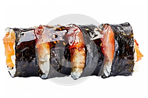 Salmon Eel Sushi Roll Isolated, Unagi Sake, Brown Sauce, Sesame. Nori Maki, Norimaki, Futomaki