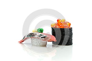 Salmon egg on sushi nigiri roll and Sushi.