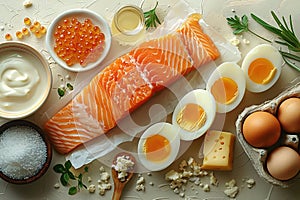 Salmon, eggs, and cheese arranged as a vitamin D rich food concept.