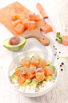 Salmon fillet, avocado and rice in bowl