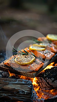 Salmon fillet being grilled with slices of lemon and sprigs of rosemary on a grilling grate