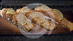 Salmon fillet in the cedar board with lemon in oven. Timelapse.