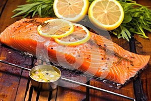 salmon fillet on cedar plank with a meat thermometer