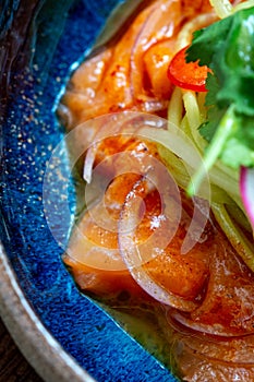 Salmon fillet ceviche with marinated, green, parsley, onion on blue plate