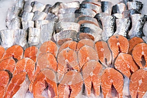 Salmon Fillet in Ice on the supermarket counter.