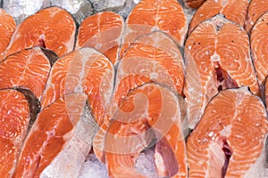 Salmon Fillet in Ice on the supermarket counter.