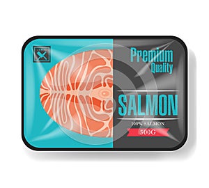 Salmon fillet packaging. Plastic tray container with cellophane cover. Mockup template for your design. Plastic food