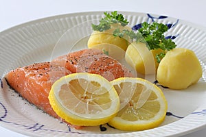 Salmon fillet with potatoes, lemon slices and parsley served on a plate. Close up