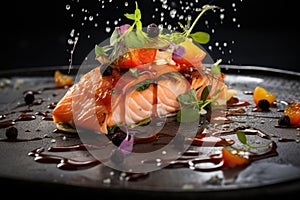 Salmon fillet with vegetables and sauce on a black background, Unveil the culinary artistry with macro food photography, capturing