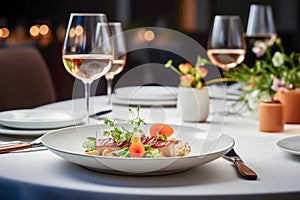 salmon fillet with vegetables on a white plate in a restaurant. Generative AI