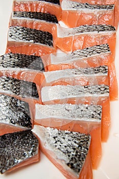 Salmon fillets for sale at a fish market