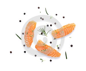 Salmon fillets with spice on white background. Top view