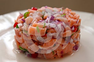 Salmon fish ceviche cooking ring serving on white plate close up. Traditional Peruvian dish
