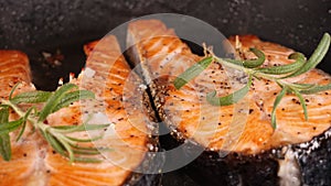 Salmon fish fillet in frypan