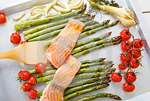 Salmon fish and green aspargus, cherry tomatoes and fennel