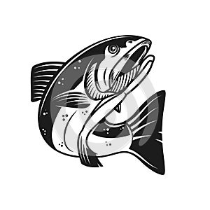 Salmon fish illustration isolated on white background. Design element for logo, label, emblem, sign.