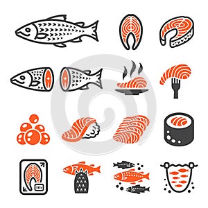 Salmon fish and product icon set