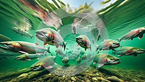 Salmon Fish Underwater Spawning Clear Water River Surface Green Water Rainbow Trout Swimming AI Generated