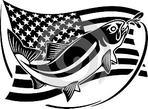 Salmon fish US - Fishing logo. Template club emblem. Fishing theme vector illustration.