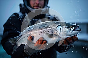 Salmon in fishermans hands in Alaskan wilderness. Generative Ai