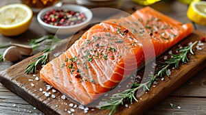 Salmon. Fresh raw salmon fish fillet with cooking ingredients, herbs and lemon