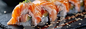 Salmon Hosomaki Sushi, Small Maki Sushi Rolls with Raw Trout, Cucumber, Rice, Sesame And Nori photo