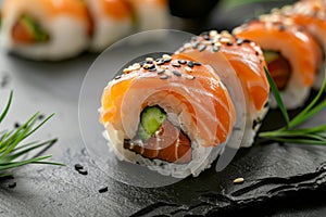 Salmon Hosomaki Sushi, Small Maki Sushi Rolls with Raw Trout, Cucumber, Rice, Sesame And Nori