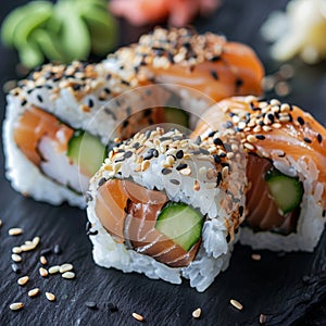 Salmon Hosomaki Sushi, Small Maki Sushi Rolls with Raw Trout, Cucumber, Rice, Sesame And Nori