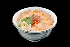 Salmon and ikura Chirashi sashimi of fresh raw Salmon and roe on rice of Japanese tradition food restaurant