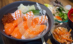 Salmon and ikura don, japanese food very delicious