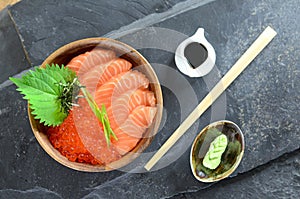 Salmon and Ikura in wood bowl