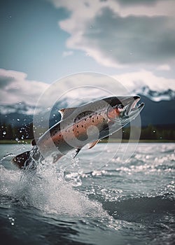 Salmon jumping out of water in Alaskan river. Generative Ai