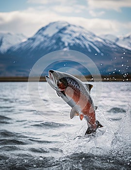 Salmon jumping out of water in Alaskan river. Generative Ai