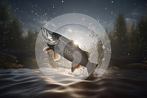 Salmon jumping up from water. Generative AI