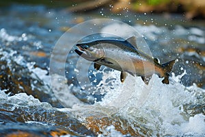 Salmon jumping up from water. Generative AI
