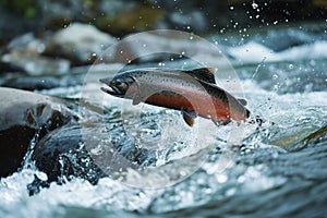 Salmon jumping up from water. Generative AI