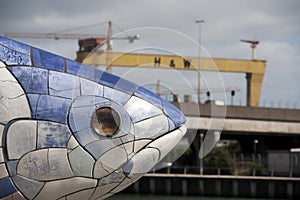 Salmon of Knowledge Big Fish Donegall Quay in Belfast with Harland Wolff crane photo