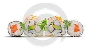 Salmon maki sushi and california rolls