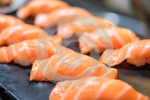 Salmon nigiri, selective focus . Japanese traditional food. healthy nutrition omega3 rich