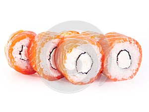 Salmon philadelphia rolls sushi delicious ready to eat white background isolated japanese food