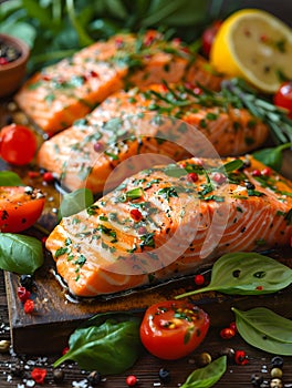 Salmon pieces on cutting board with vegetables, garnished with fines herbes