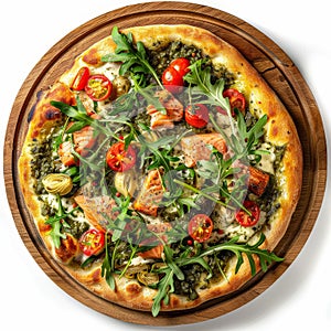 Salmon Pizza with Salmon, Seafood Flatbread with Pickled Artichokes, Arugula, Cherry Tomatoes