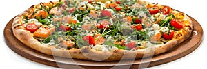 Salmon Pizza with Salmon, Seafood Flatbread with Pickled Artichokes, Arugula, Cherry Tomatoes