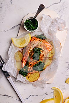 Salmon and potato parsel .style vintage