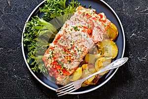 Salmon with potato and tarragon sour cream sauce