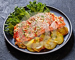 salmon with potato and tarragon sour cream sauce