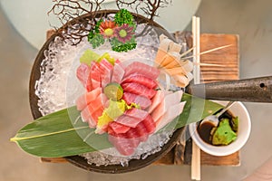 Salmon raw sashimi sushi with shrimp on plate, japanese food